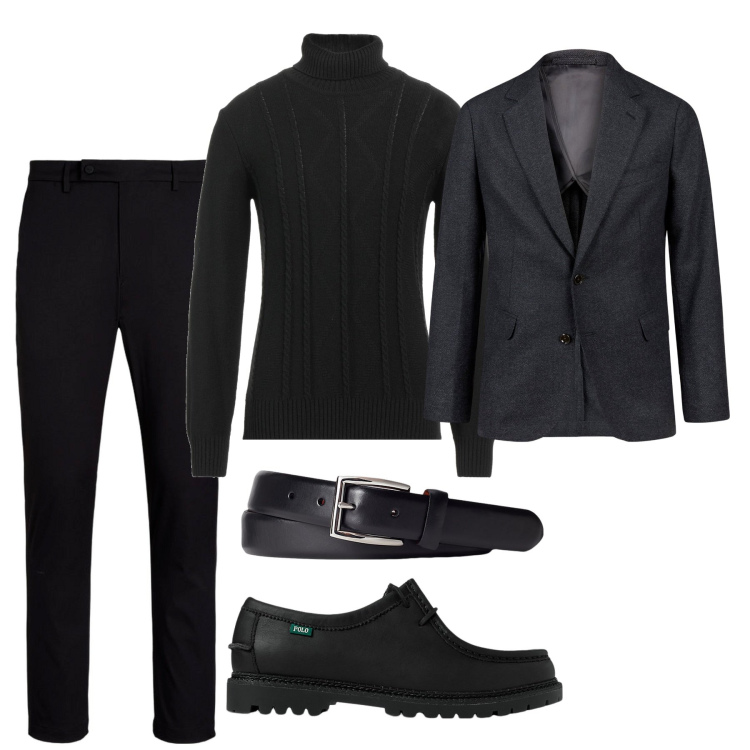 Outfit uomo - L\'eleganza del nero. Stile Urban per Serata speciale. Abbinamento con maglieria, cinture, scarpe stringate, pantaloni, giacche.