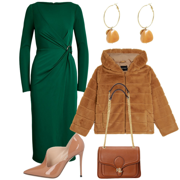 Outfit donna - Festività in abito verde. Stile Chic per Serata fuori. Abbinamento con décolleté, orecchini, blazer, borse a spalla, vestiti a tubino.