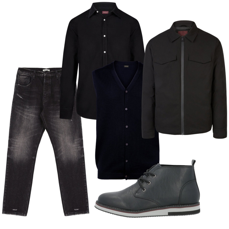 Outfit uomo - L\'eleganza del nero. Stile Urban per Tutti i giorni. Abbinamento con stivali e stivaletti, jeans slim fit, camicie, gilet, piumini.