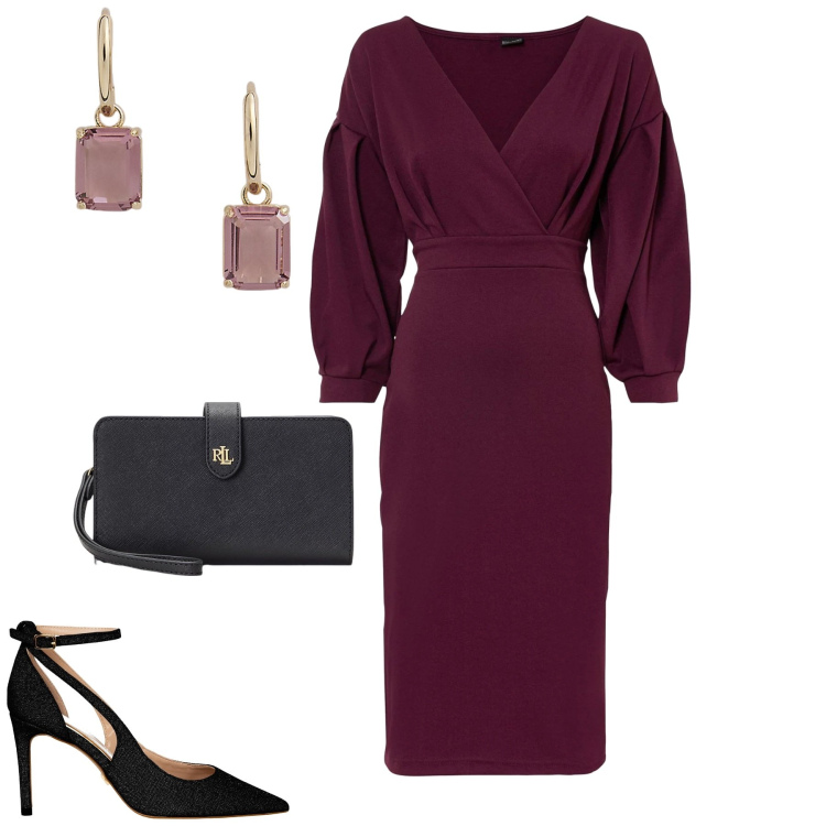 Outfit donna - Serata. Stile Chic per Serata fuori. Abbinamento con vestiti, décolleté, pochette, orecchini.