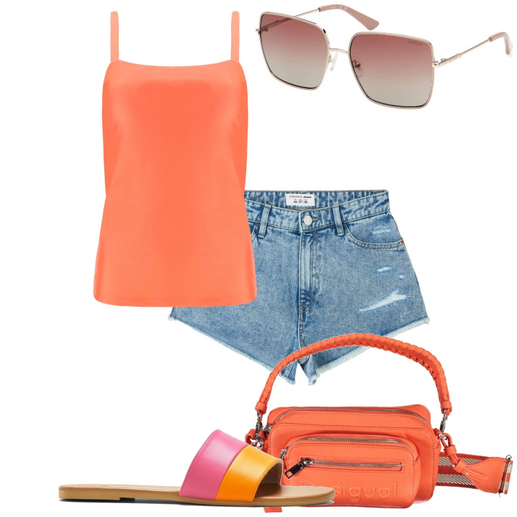 Outfit donna - Estate... profumi fruttati. Stile Casual per Tutti i giorni. Abbinamento con ciabatte, shorts, canottiere, occhiali da sole, borse a spalla.