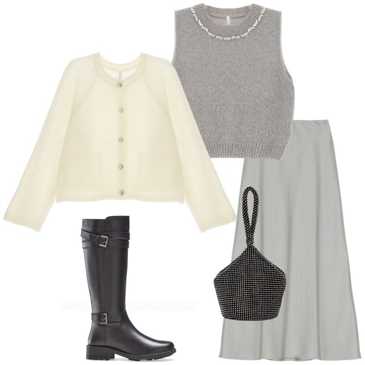 Outfit donna - Con i colleghi a cena. Stile Casual chic per Serata fuori. Abbinamento con stivali, pochette, gonne lunghe, maglieria, cardigans.