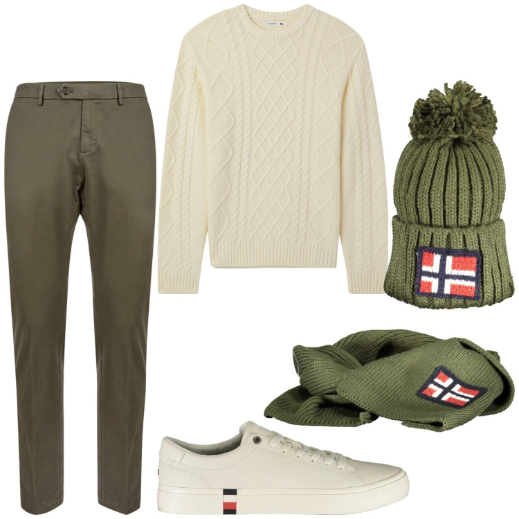 Outfit uomo - Total look #2016668. Stile Urban per Tutti i giorni. Abbinamento con maglieria, pantaloni chino, sciarpe, sneakers, berretti.