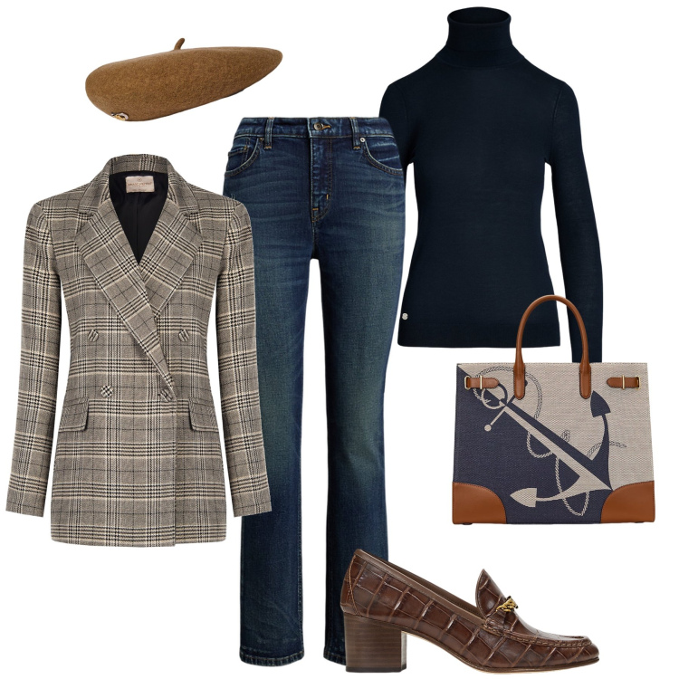 Outfit donna - Parisien style. Stile Minimal per Tutti i giorni. Abbinamento con blazer, maglieria, décolleté, berretti, borse tote, jeans dritti.