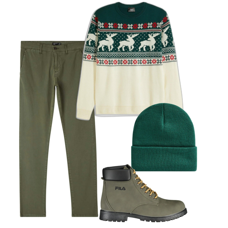 Outfit uomo - Il pull natalizio. Stile Casual per Tutti i giorni. Abbinamento con maglieria, pantaloni chino, berretti, stivali.