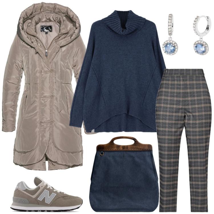 Outfit donna - Università. Stile Casual per Scuola/Università. Abbinamento con blazer, pantaloni, orecchini, sneakers, maglieria, borse a tracolla.