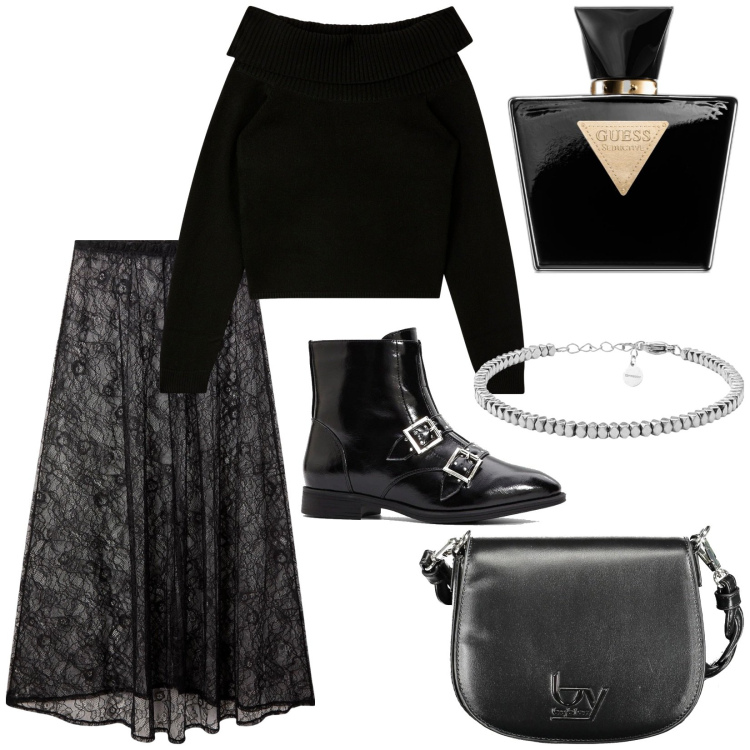 Outfit donna - Total look #2016680. Stile Rock per Serata fuori. Abbinamento con stivaletti, profumi, maglieria, gonne lunghe, braccialetti, borse a spalla.