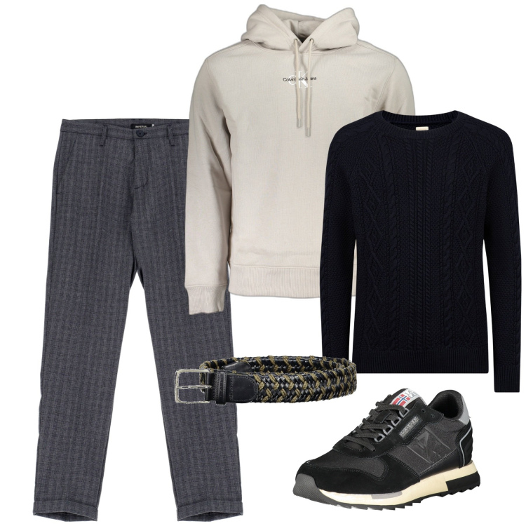 Outfit uomo - Vernissage. Stile Urban per Serata speciale. Abbinamento con pantaloni, maglieria, sneakers, felpe con cappuccio, cinture.