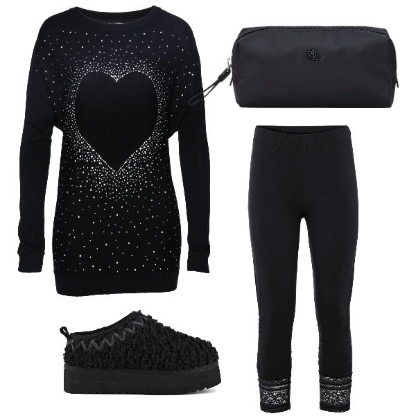 Outfit donna - Total black. Stile Basic per Serata fuori. Abbinamento con leggings, pullovers, pochette, stivaletti.