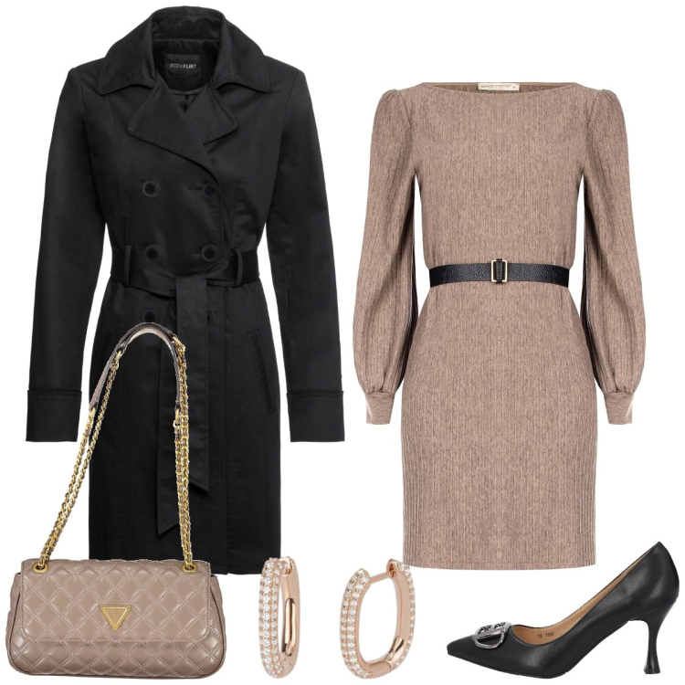 Outfit donna - Pranzo in città. Stile Chic per Tutti i giorni. Abbinamento con trench, décolleté, orecchini, vestiti, borse a spalla.