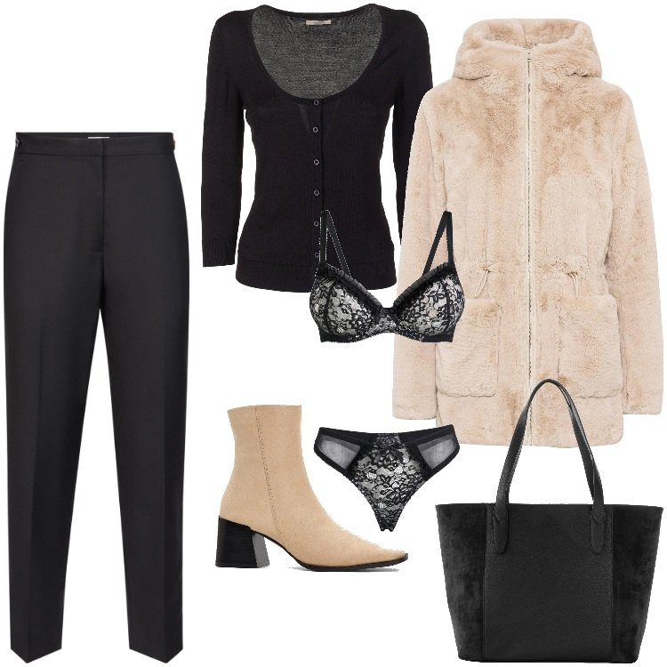 Outfit donna - Total look #2016685. Stile Casual per Ufficio. Abbinamento con ecopellicce, shopping bag, reggiseni, stivaletti, cardigans, pantaloni.