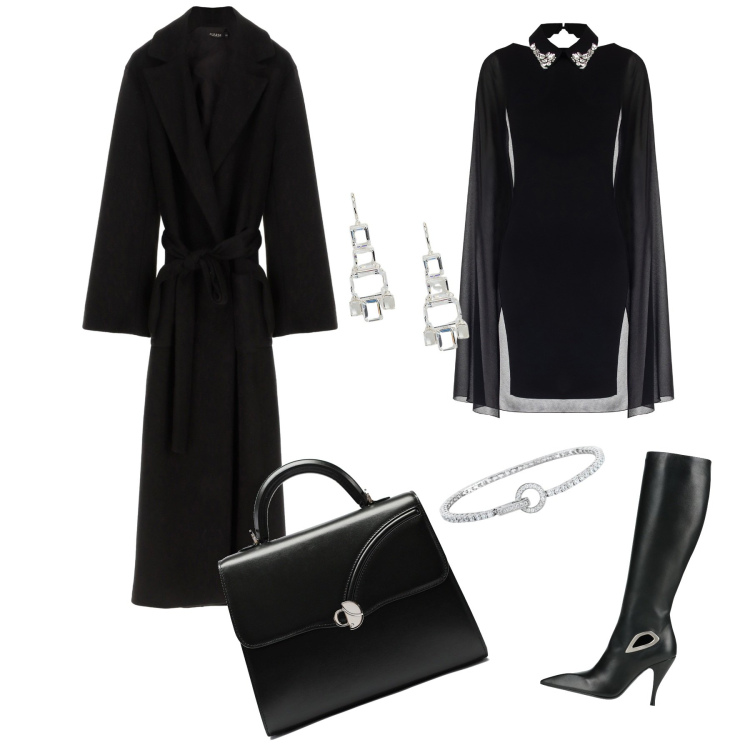 Outfit donna - Black. Stile Chic per Serata fuori. Abbinamento con stivali, braccialetti, cappotti, vestiti a tubino, orecchini, borse a mano.