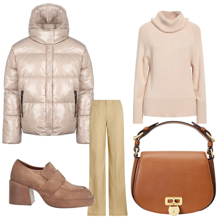 Outfit donna - Gradazioni di marrone. Stile Casual per Tutti i giorni. Abbinamento con maglieria, mocassini, borse a tracolla, pantaloni, blazer.