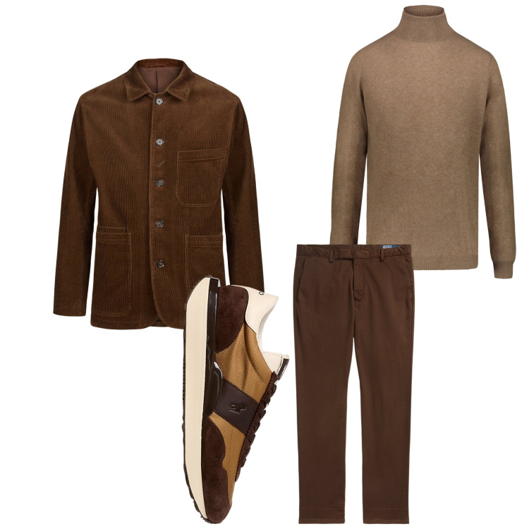 Outfit uomo - Marrone easy. Stile Business/Elegante per Ufficio. Abbinamento con sneakers, pantaloni, maglieria, giacche.