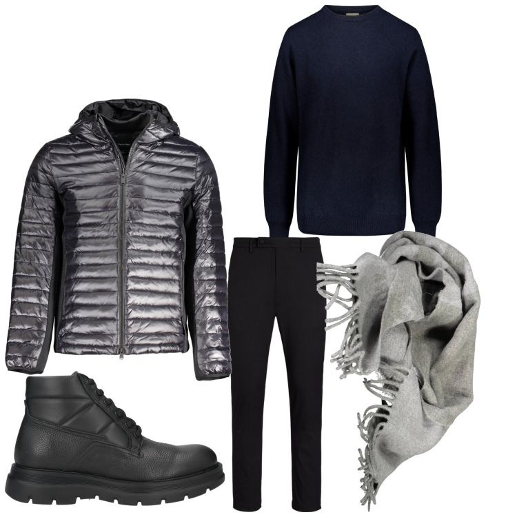 Outfit uomo - Grigio e nero. Stile Casual per Tutti i giorni. Abbinamento con stivali e stivaletti, maglieria, pantaloni, giacche, sciarpe.