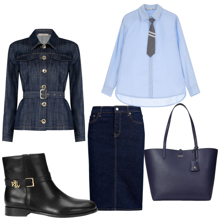 Outfit donna - Denim. Stile Casual chic per Ufficio. Abbinamento con blazer, camicie, gonne, stivaletti, borse tote.