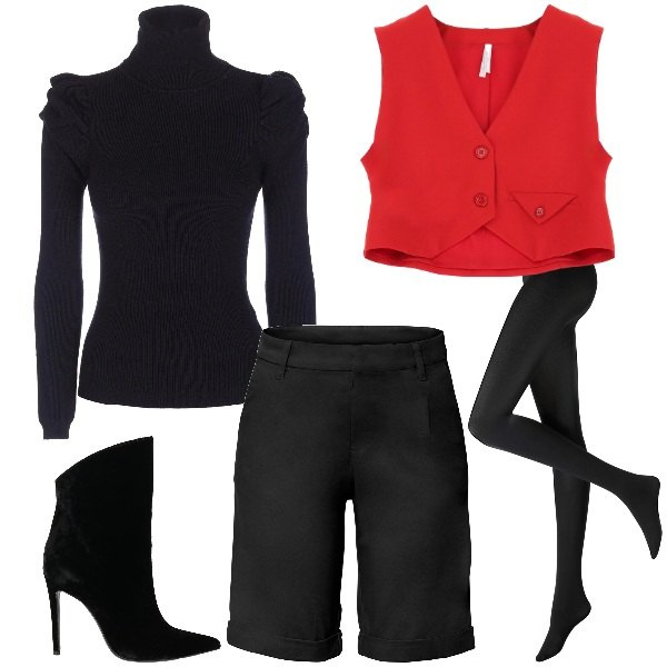 Outfit donna - In nero con un tocco di rosso. Stile Chic per Serata fuori. Abbinamento con bermuda, collant, stivaletti, maglieria, gilet.