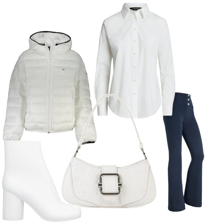 Outfit donna - Bianco e jeans. Stile Casual chic per Serata fuori. Abbinamento con stivaletti, pantaloni skinny, camicie, blazer, borse a spalla.