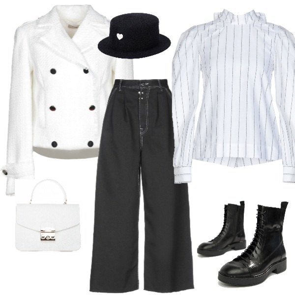 Outfit donna - Dandy in bianco e nero. Stile Trendy per Tutti i giorni. Abbinamento con blazer, pantalone vita alta con zip in cotone tinta unita, cappello contrasto interno sfoderato a punta in lana tinta unita, camicia con fiocco senza tasche fantasia a maniche lunghe in cotone con bottoni, borsa a tracolla con manico in pelle martellata interno in pelle in pelle con tracolla regolabile bianco, stivali con stringhe effetto zigrinato con tacco largo e punta tonda nero.