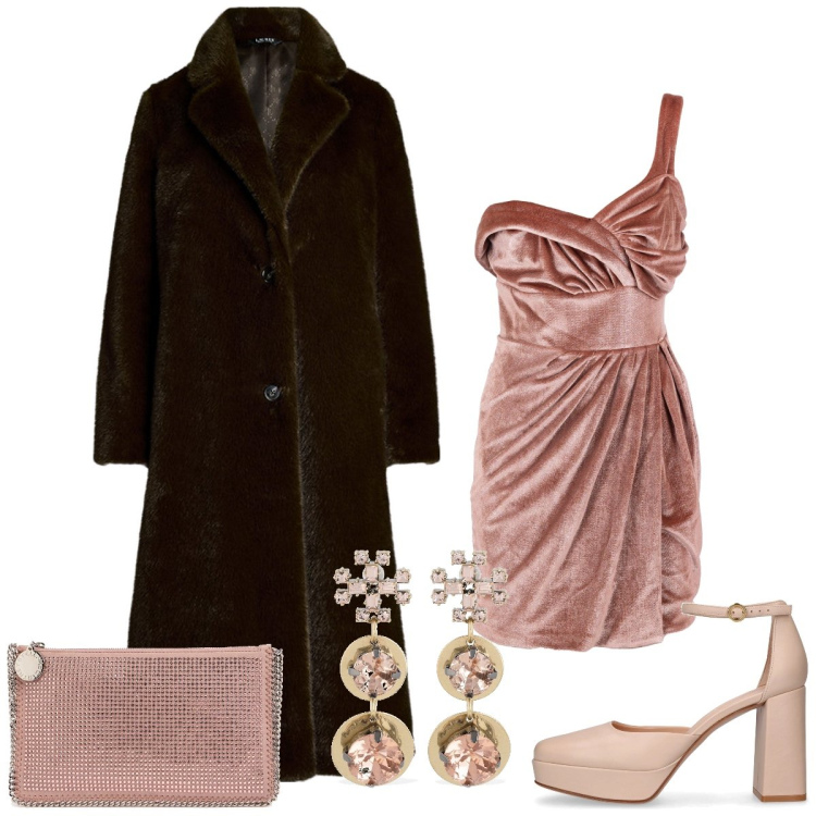 Outfit donna - Total look #2016724. Stile Glamour per Serata fuori. Abbinamento con vestiti asimmetrici, cappotti, pochette, décolleté, orecchini.