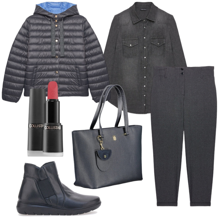 Outfit donna - Power casual in grigio. Stile Casual per Tutti i giorni. Abbinamento con rossetti, stivaletti, camicie, piumini, borse a spalla, pantaloni.