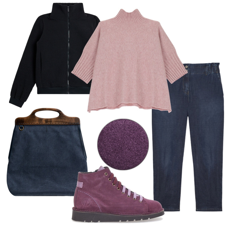 Outfit donna - Curvy Power. Stile Casual per Tutti i giorni. Abbinamento con ombretti, maglieria, blazer, scarpe stringate, jeans, borse a tracolla.