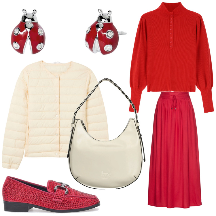 Outfit donna - Portami fortuna. Stile Casual chic per Ufficio. Abbinamento con gonne lunghe, piumini, orecchini, maglieria, borse a spalla, mocassini.