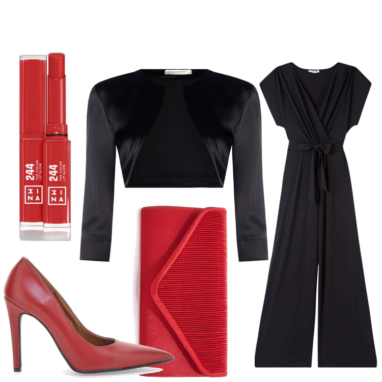 Outfit donna - Serata fuori. Stile Chic per Serata fuori. Abbinamento con rossetti, tute, bolero, pochette, décolleté.