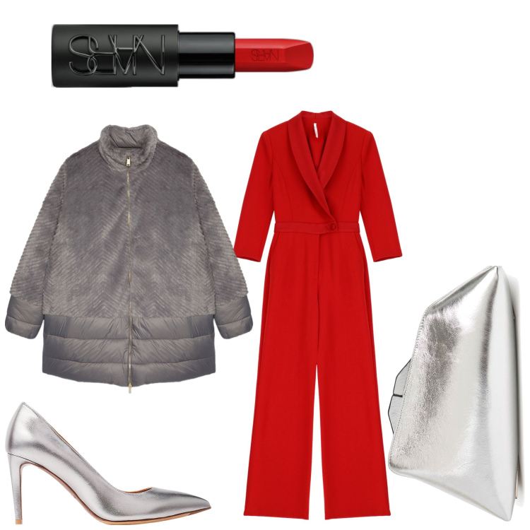 Outfit donna - È già Natale. Stile Chic per Serata fuori. Abbinamento con rossetti, tute, décolleté, pochette, piumini.