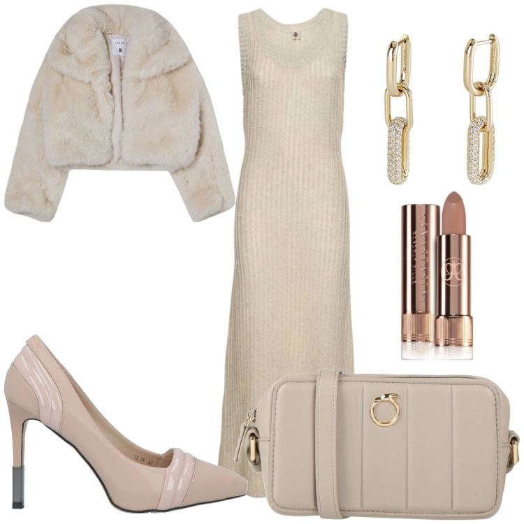 Outfit donna - Beige per una serata. Stile Chic per Serata fuori. Abbinamento con décolleté, borse a tracolla, rossetti, blazer, orecchini, vestiti.