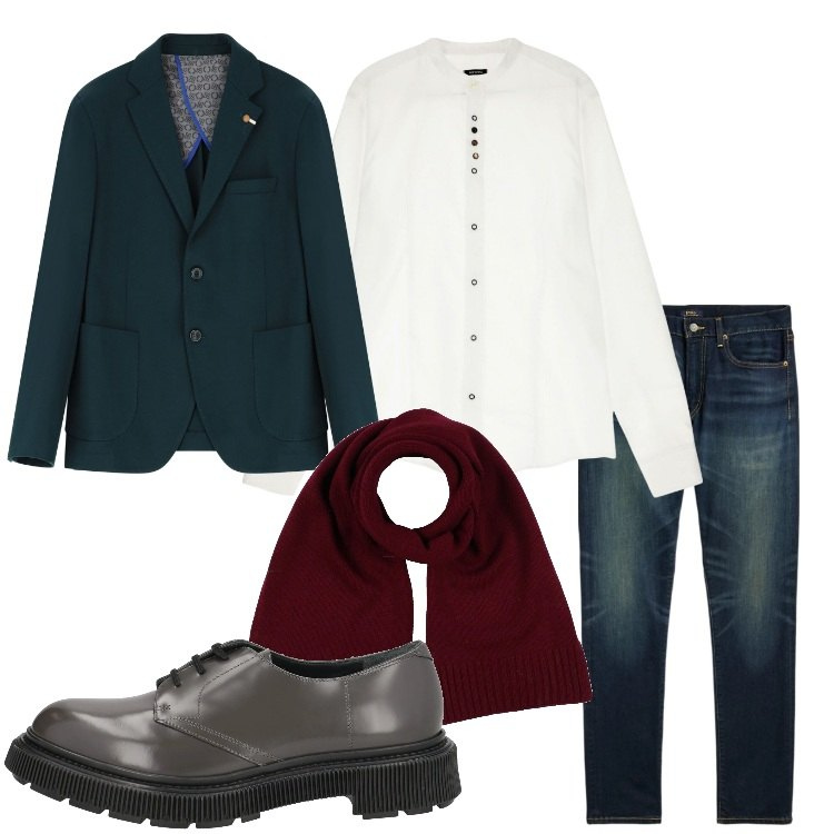 Outfit uomo - Christmas Mood. Stile Trendy per Serata speciale. Abbinamento con sciarpe, scarpe stringate, camicie, giacche, jeans.