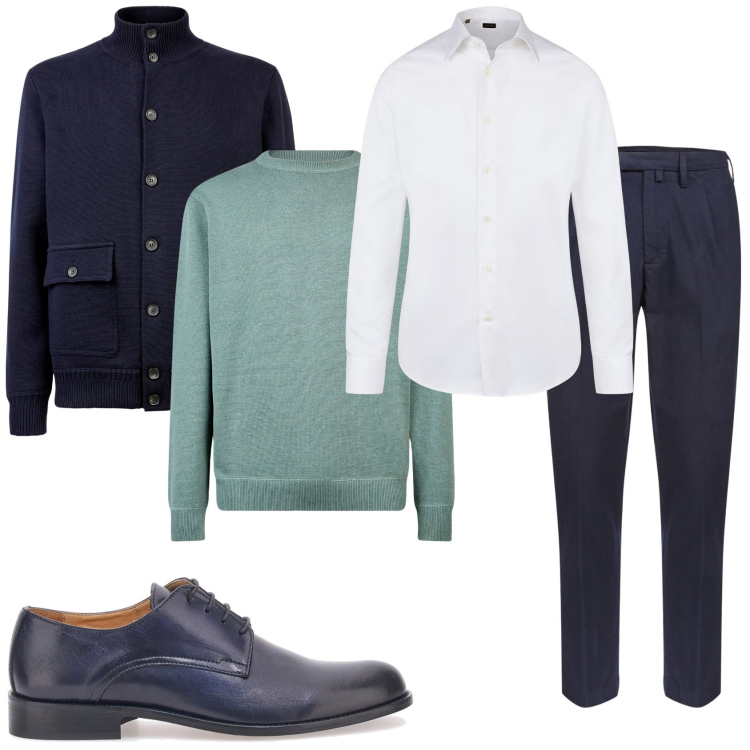 Outfit uomo - Vengo a cena. Stile Business/Elegante per Serata speciale. Abbinamento con scarpe stringate, giacche, maglieria, camicie, pantaloni.
