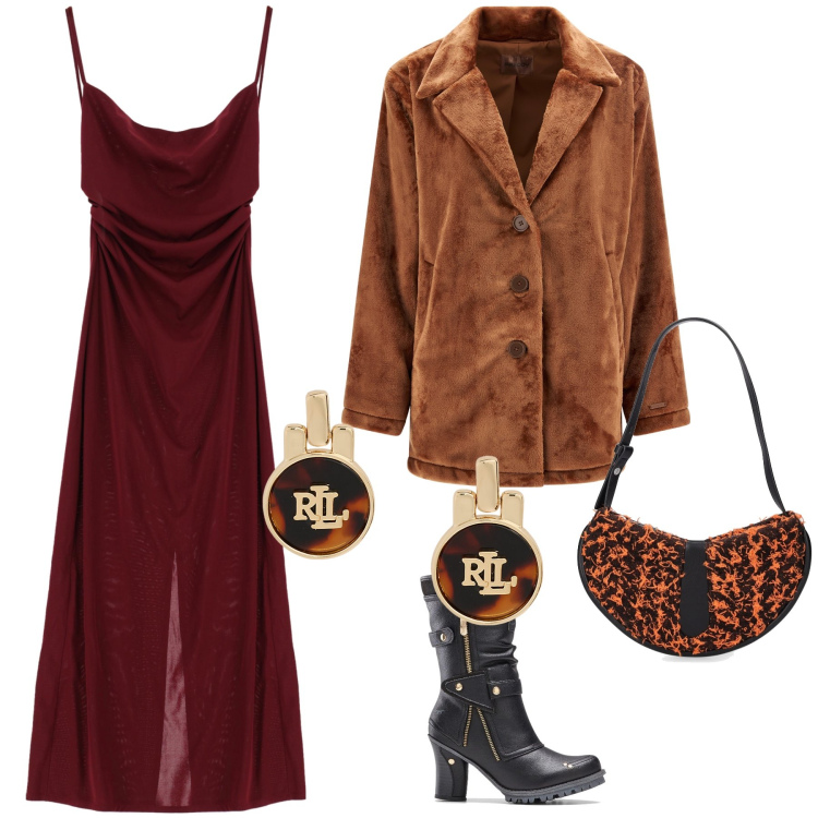 Outfit donna - Che sera alternativa. Stile Glamour per Serata fuori. Abbinamento con stivali, vestiti midi/longuette, cappotti, orecchini, borse a spalla.