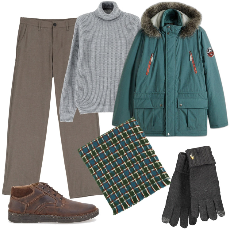 Outfit uomo - Urban man. Stile Urban per Tutti i giorni. Abbinamento con parka, maglieria, sciarpe, pantaloni, scarpe stringate, guanti.