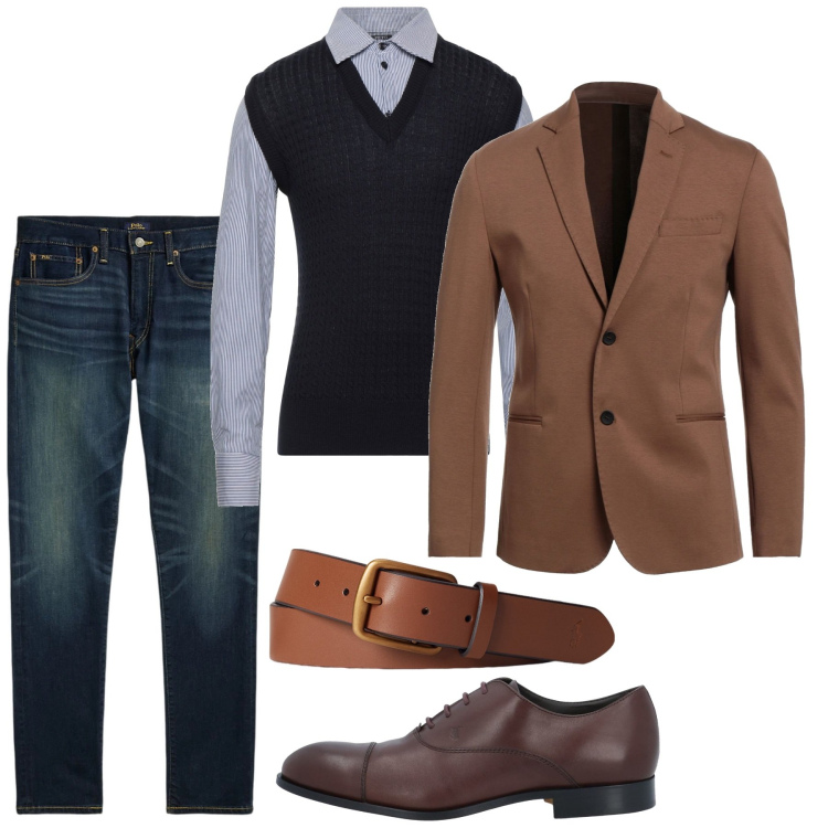Outfit uomo - Camicia col gilet. Stile Trendy per Ufficio. Abbinamento con giacche, pullovers, scarpe stringate, cinture, jeans.