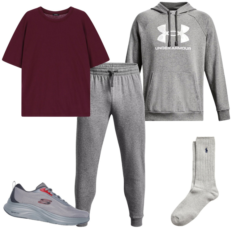 Outfit uomo - La tuta top. Stile Casual per Sport. Abbinamento con t-shirt, calzini, sneakers, pantaloni, felpe con cappuccio.