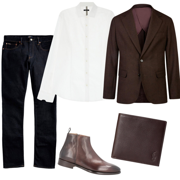 Outfit uomo - In jeans ma elegante. Stile Trendy per Serata speciale. Abbinamento con stivali e stivaletti, camicie, jeans, portafogli, giacche.