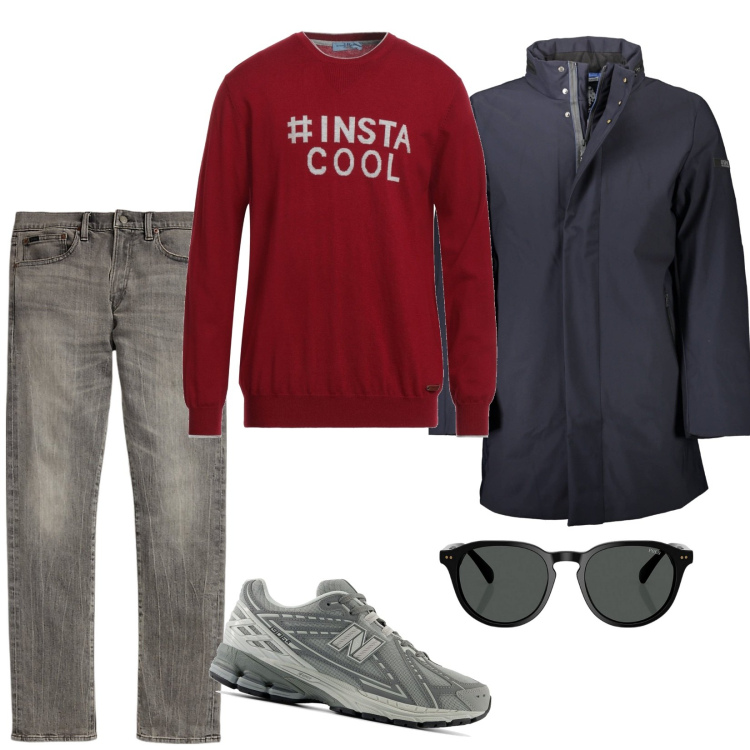 Outfit uomo - #Insta cool. Stile Casual per Tutti i giorni. Abbinamento con pullovers, sneakers, occhiali da sole, jeans, trench.