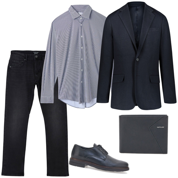 Outfit uomo - Primo appuntamento. Stile Business/Elegante per Serata speciale. Abbinamento con jeans dritti, camicie, scarpe stringate, portafogli, giacche.