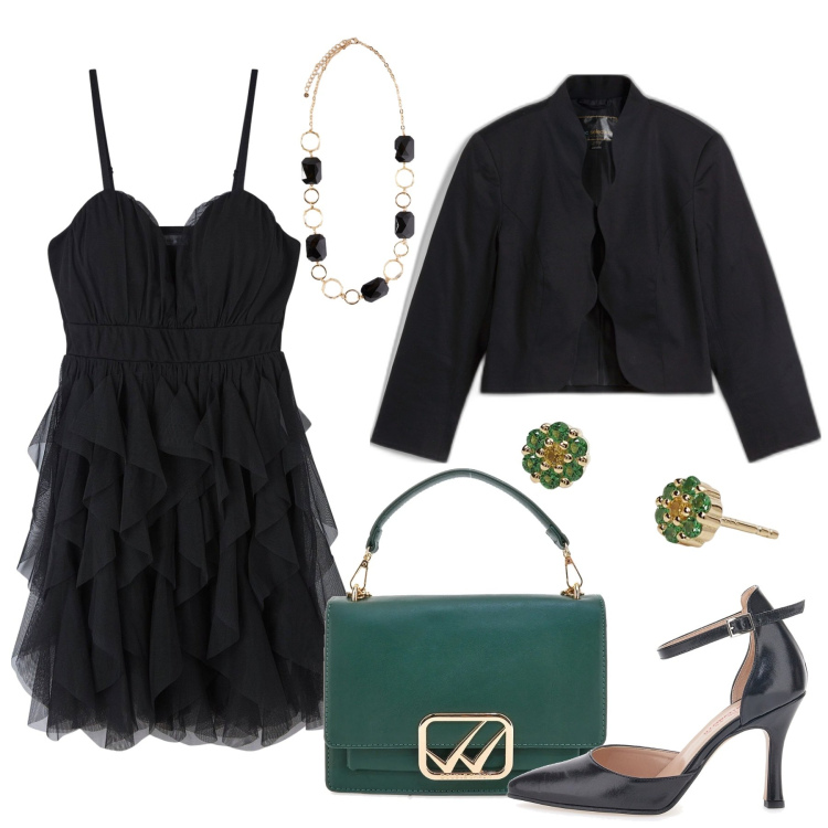 Outfit donna - Capodanno di stile. Stile Chic per Serata fuori. Abbinamento con blazer, vestiti corti, orecchini, décolleté, borse a tracolla, collane.