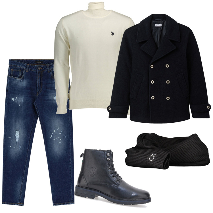 Outfit uomo - Aperitivo. Stile Trendy per Serata speciale. Abbinamento con cappotti, jeans, maglieria, stivali e stivaletti, sciarpe.