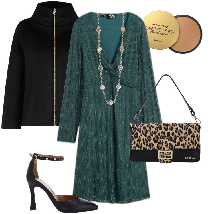 Outfit donna - Verde lurex. Stile Glamour per Serata fuori. Abbinamento con vestiti, ciprie, collane, cappe, borse a spalla, décolleté.