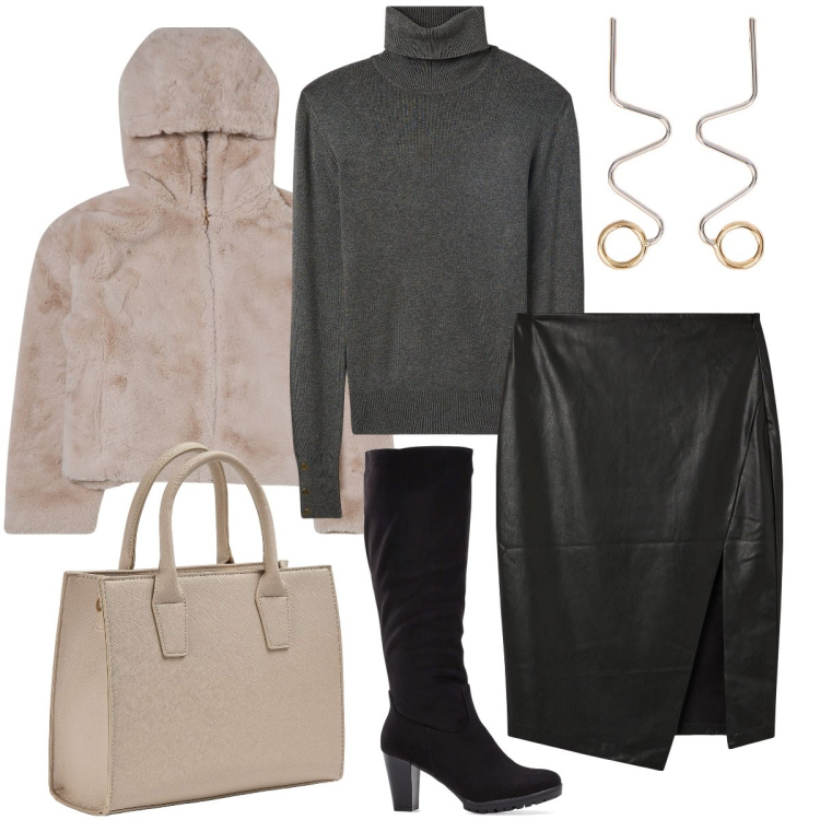 Outfit donna - Il giubbotto peluche. Stile Casual chic per Serata fuori. Abbinamento con stivali, blazer, gonne longuette, shopping bag, maglieria, orecchini.