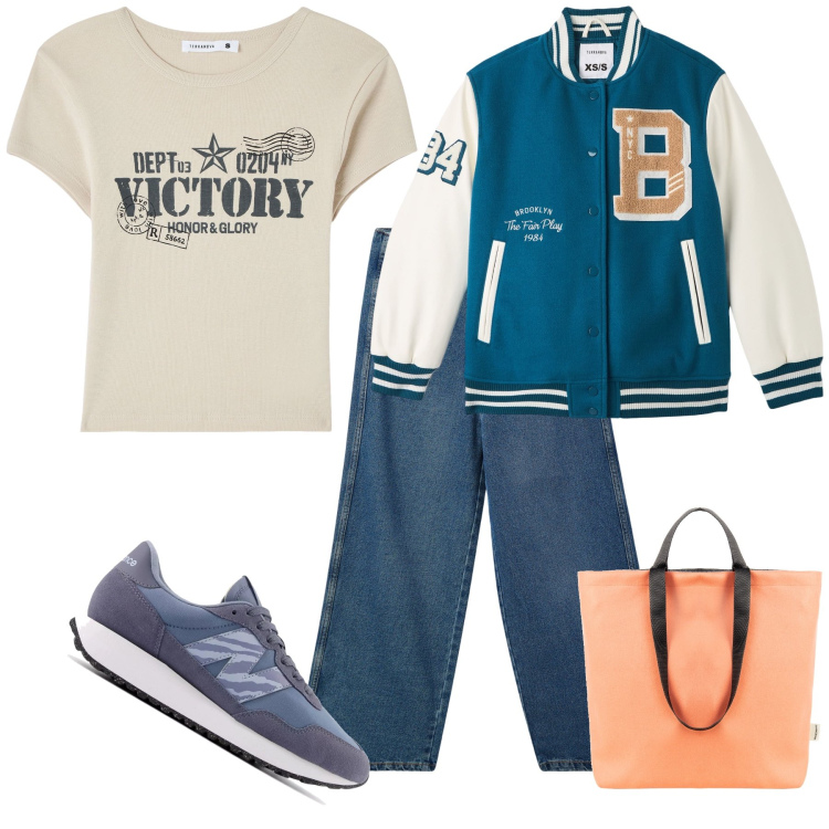 Outfit donna - Sabato mattina. Stile Basic per Tutti i giorni. Abbinamento con bomber, t-shirt, jeans, sneakers, borse tote.