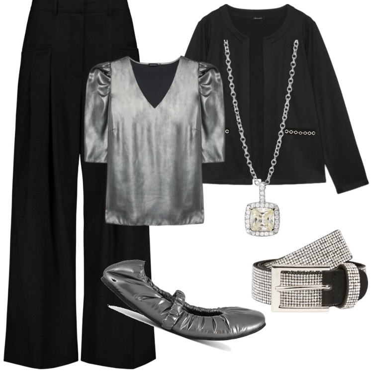 Outfit donna - Blusa in tessuto spalmato argento. Stile Chic per Serata fuori. Abbinamento con collane, ballerine, pantaloni, bluse, cinture, blazer.