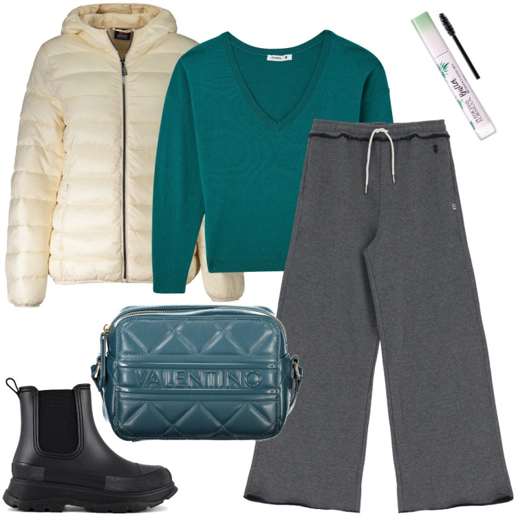 Outfit donna - La maglia verde smeraldo. Stile Urban per Tutti i giorni. Abbinamento con mascara, maglieria, pantaloni a palazzo, stivali, blazer, borse a tracolla.