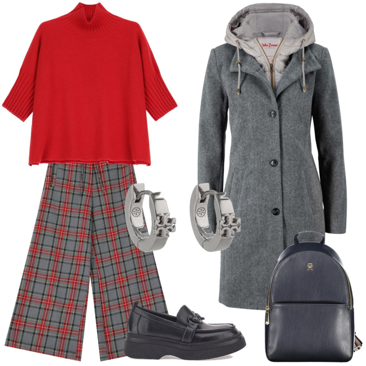 Outfit donna - Imperial style: rosso e grigio a Natale. Stile Urban per Tutti i giorni. Abbinamento con cappotti, maglieria, pantaloni, mocassini, orecchini, zaini.