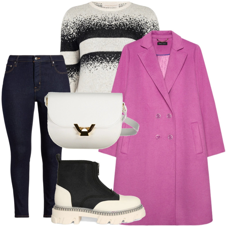 Outfit donna - Skinny e cappotto. Stile Casual chic per Tutti i giorni. Abbinamento con maglieria, jeans skinny, cappotti, stivaletti, borse a tracolla.