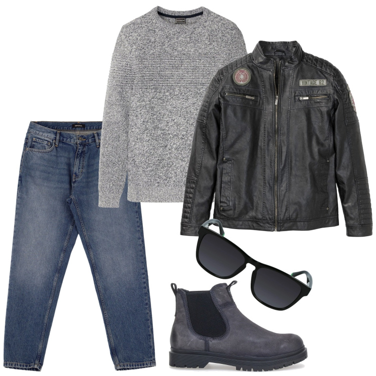 Outfit uomo - Grey street. Stile Casual per Tutti i giorni. Abbinamento con maglieria, giacche, jeans, stivali e stivaletti, occhiali da sole.