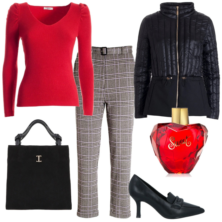 Outfit donna - Fracomina: il maglione rosso per Natale. Stile Minimal per Tutti i giorni. Abbinamento con mocassini, profumi, maglieria, piumini, pantaloni, shopping bag.